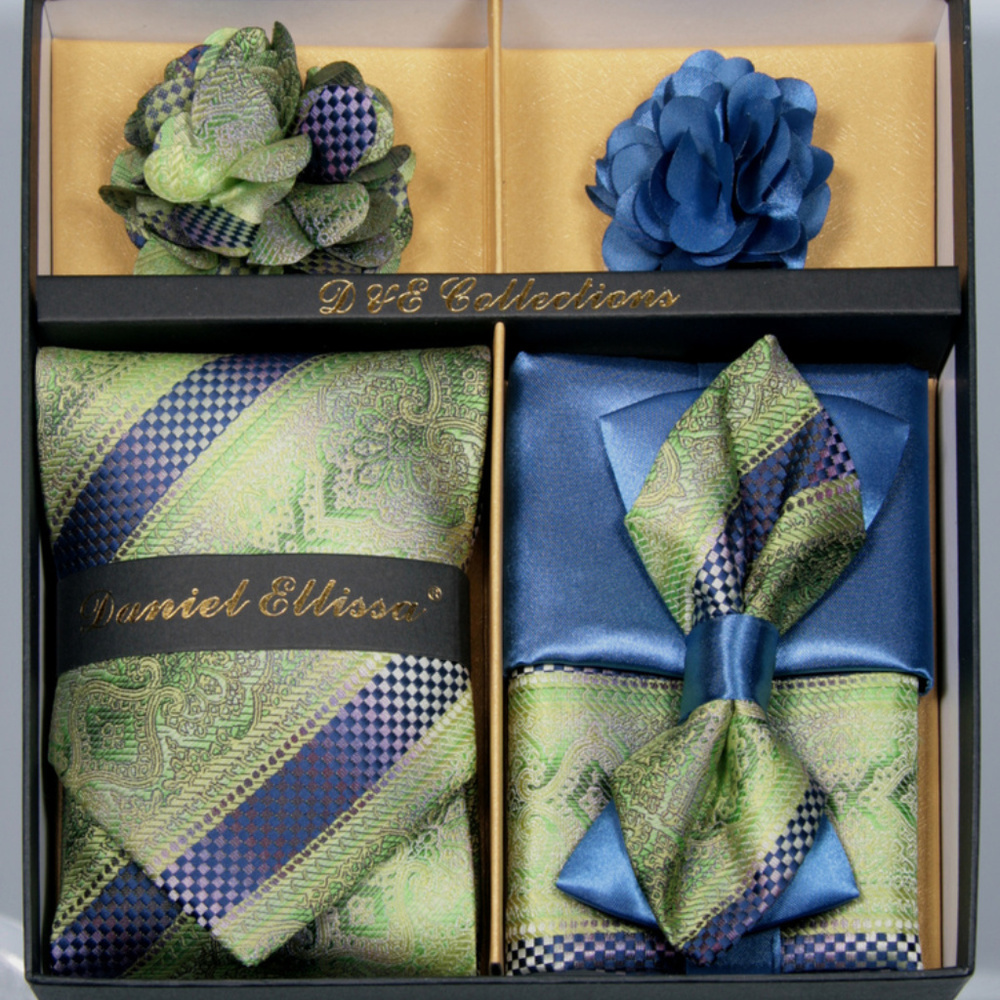 6 Piece Green Blue Checker Necktie & Bow Tie Set